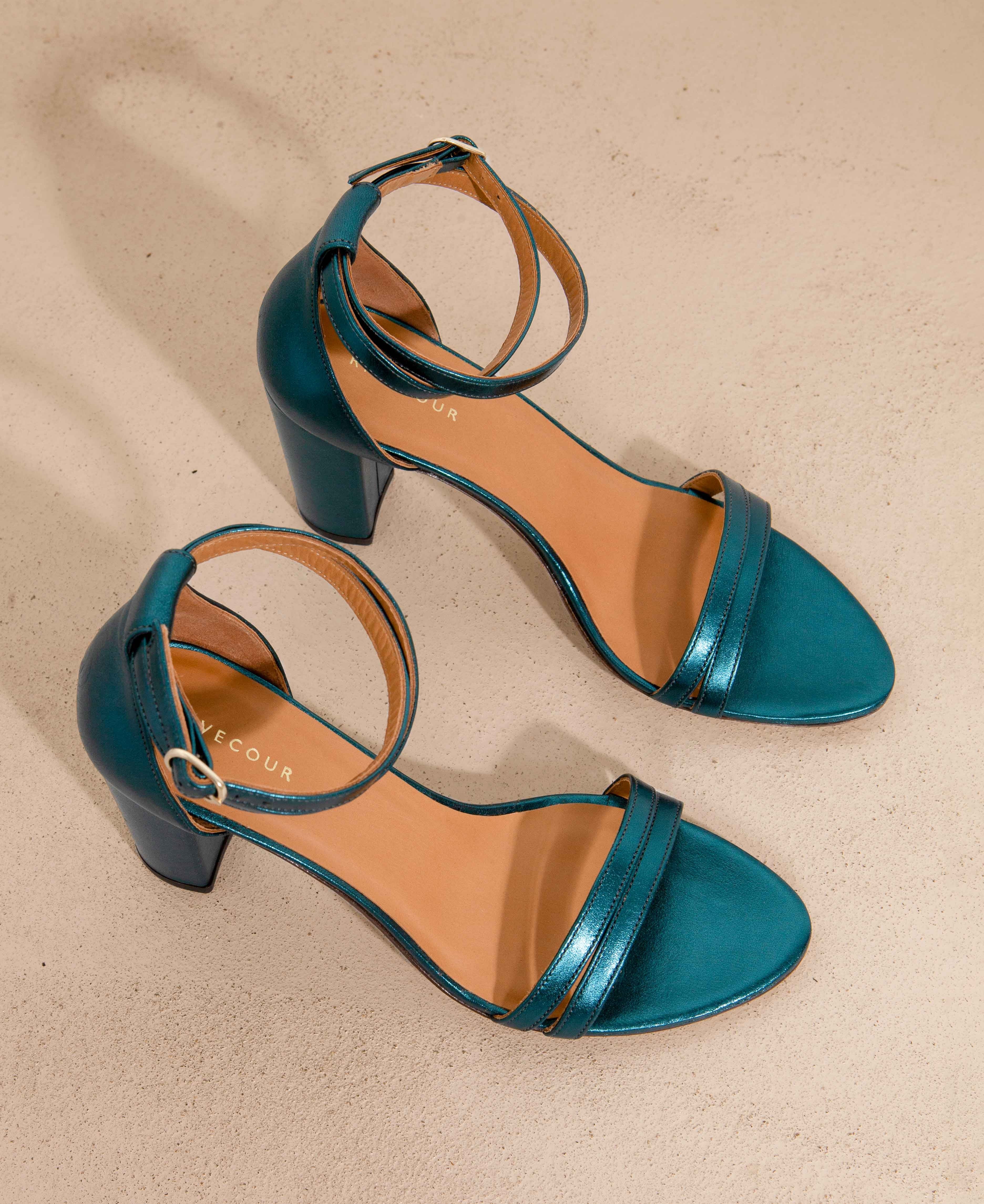 Sandale N° 853 en cuir métallisé Emeraude RIVECOUR