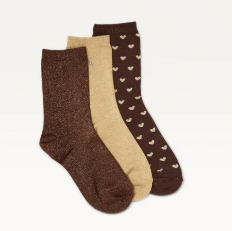 Pack de 3 Chaussettes FANTAISIE Petit coeur/ Doré / Marron ODAJE