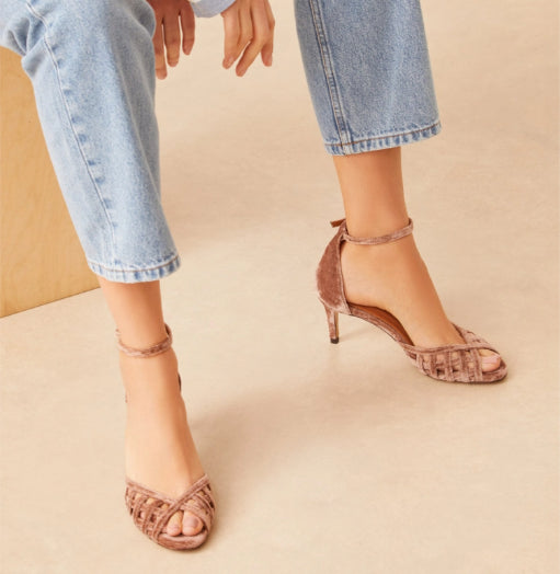 Sandale N° 672 en velours rose poudré RIVECOUR