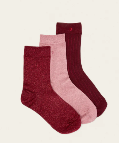 Pack de 3 Chaussettes Côtelé et paillettes rouge bordeaux rose ODAJE (ancien M. MOUSTACHE)