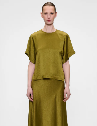 Blouse manches courtes en satin vert ZENGGI X04-1034