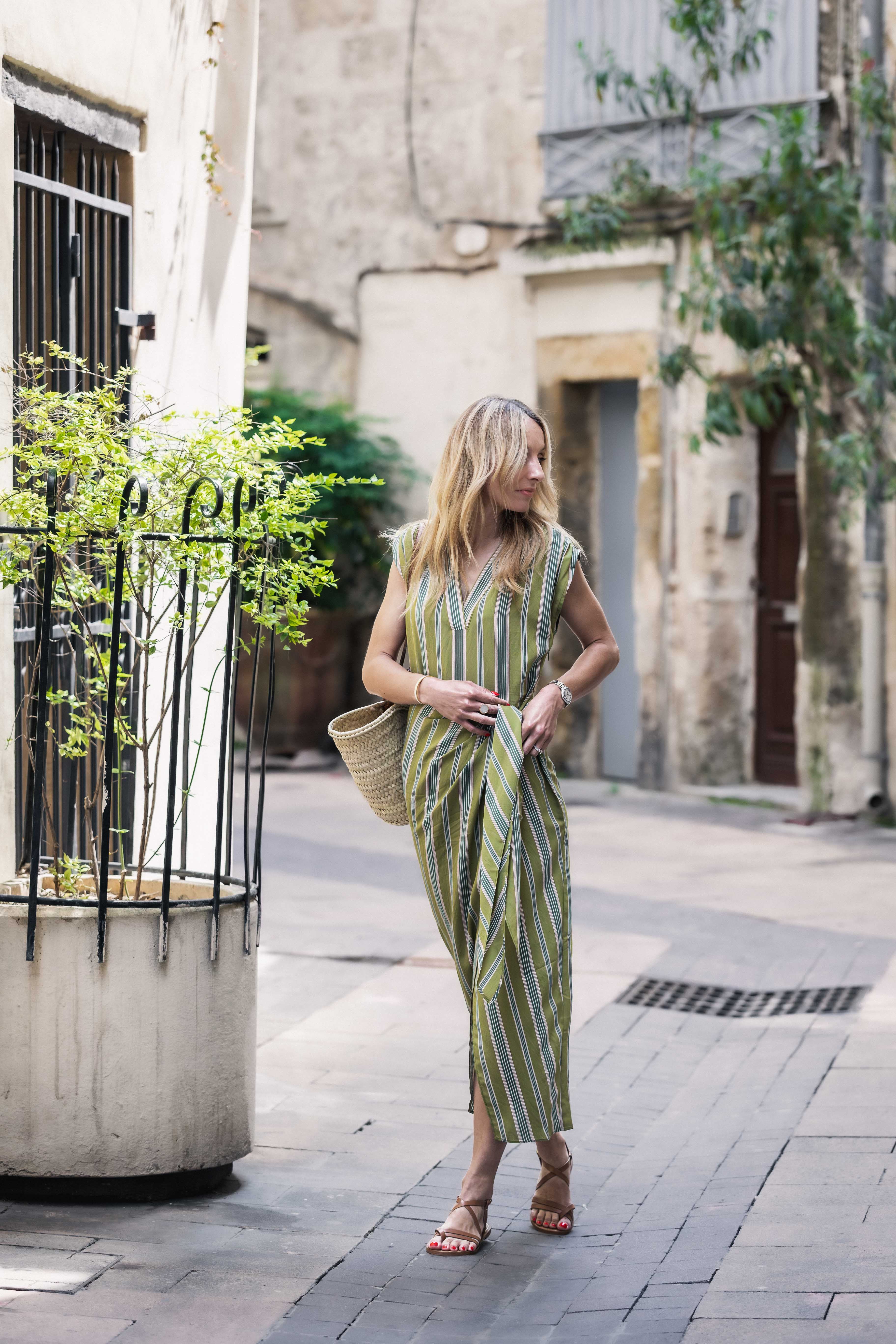 Robe à rayures Vert/ Camel MARIANNE CHLOE STORA