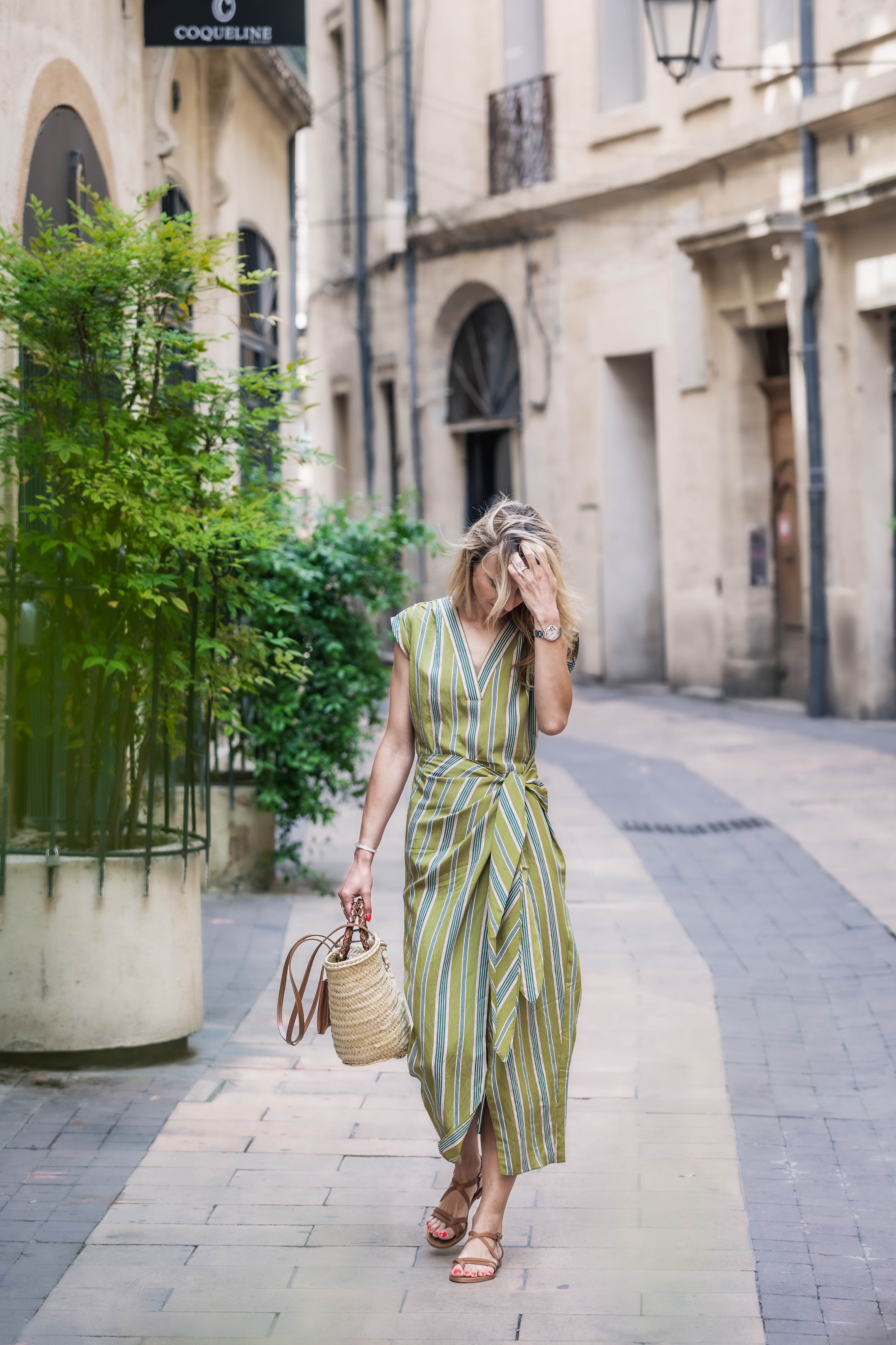 Robe à rayures Vert/ Camel MARIANNE CHLOE STORA