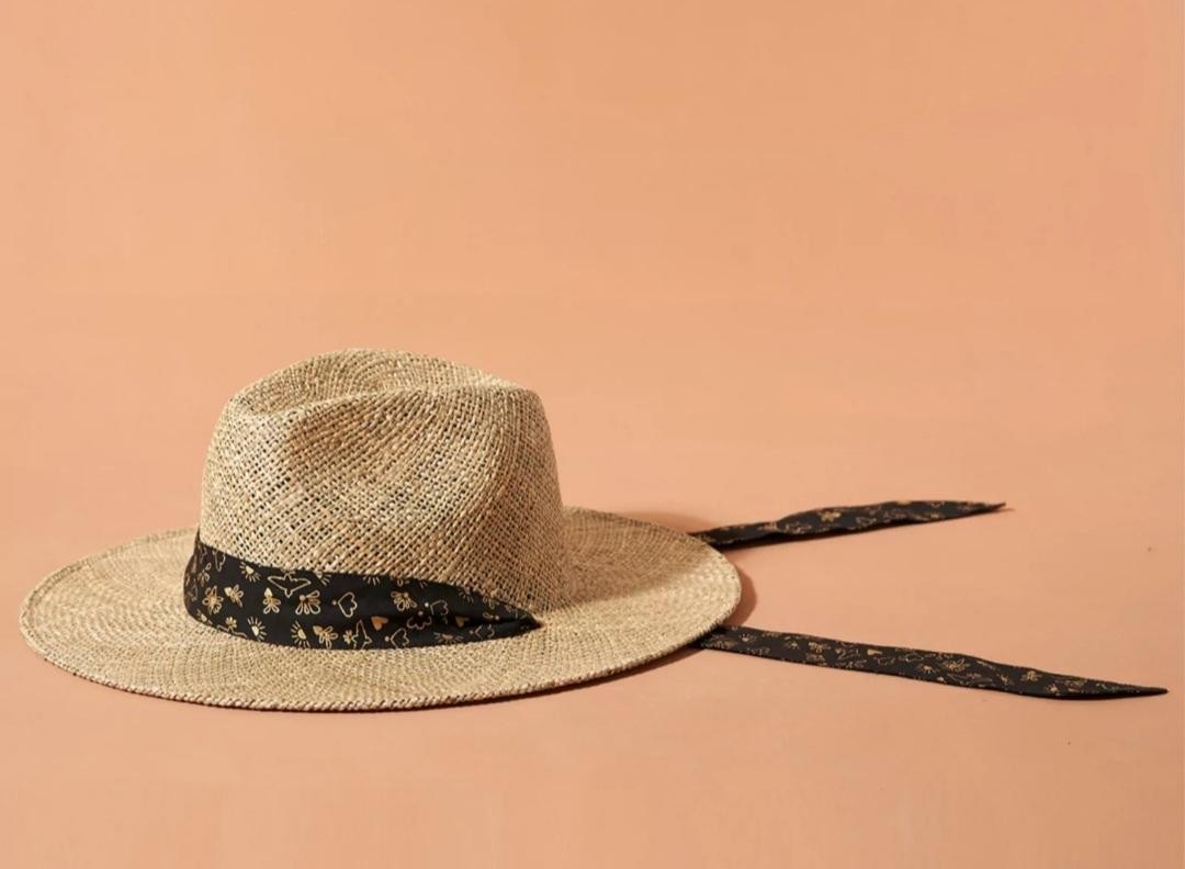 Chapeau de paille SOMBRERO Foulard Noir et Doré MARADJI Reste taille L !