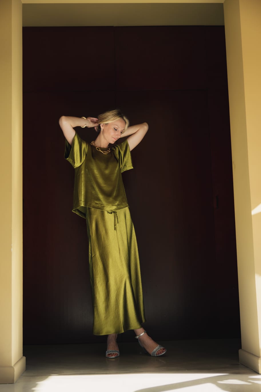 Jupe longue en satin vert ZENGGI X07-1007